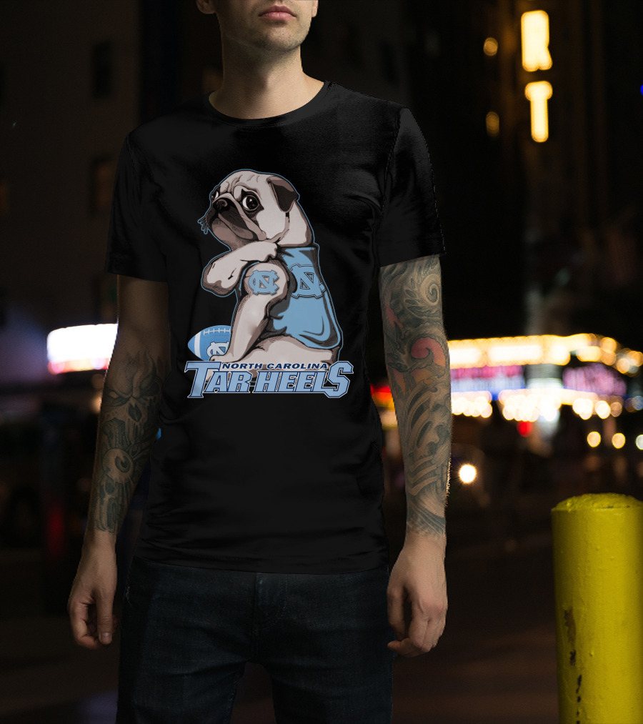 Pug Wearing North Carolina Tar Heels Sports Jersey With Football T-Shirt