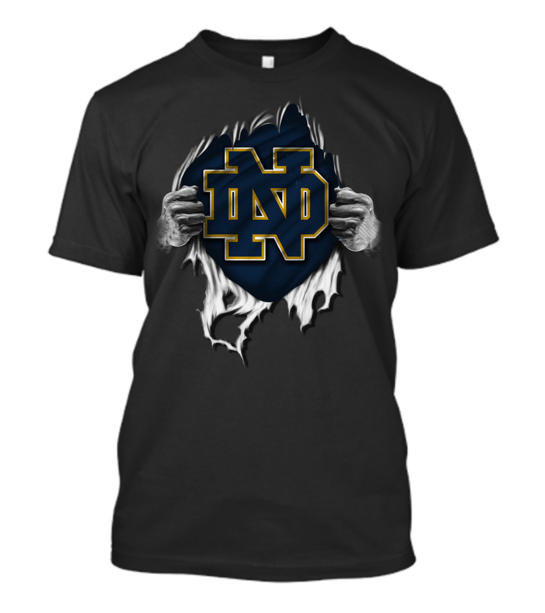 Torn Notre Dame Fighting Irish ND Logo Peeking Through Ripped Fabric With Hands T-Shirt