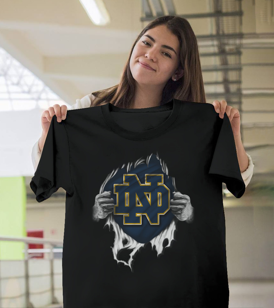 Torn Notre Dame Fighting Irish ND Logo Peeking Through Ripped Fabric with Hands T-Shirt