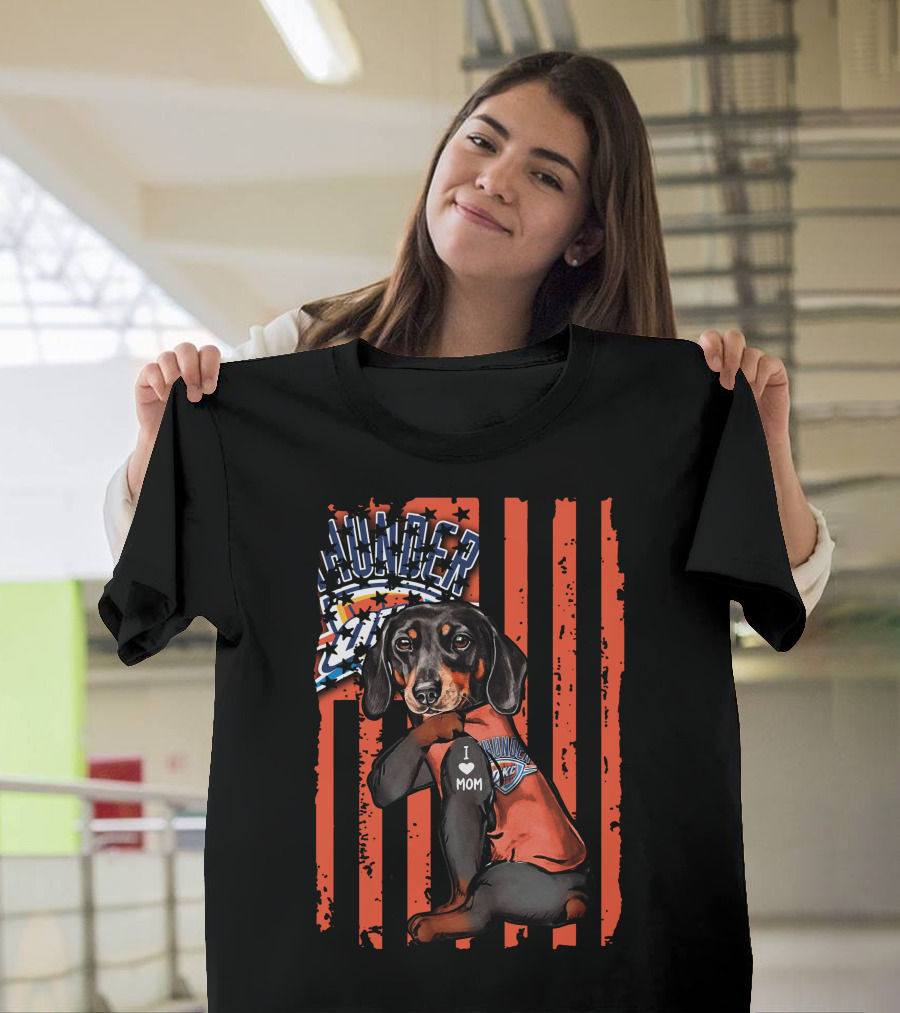 Dachshund Wearing Oklahoma City Thunder Shirt with I Love Mom Tag T-Shirt