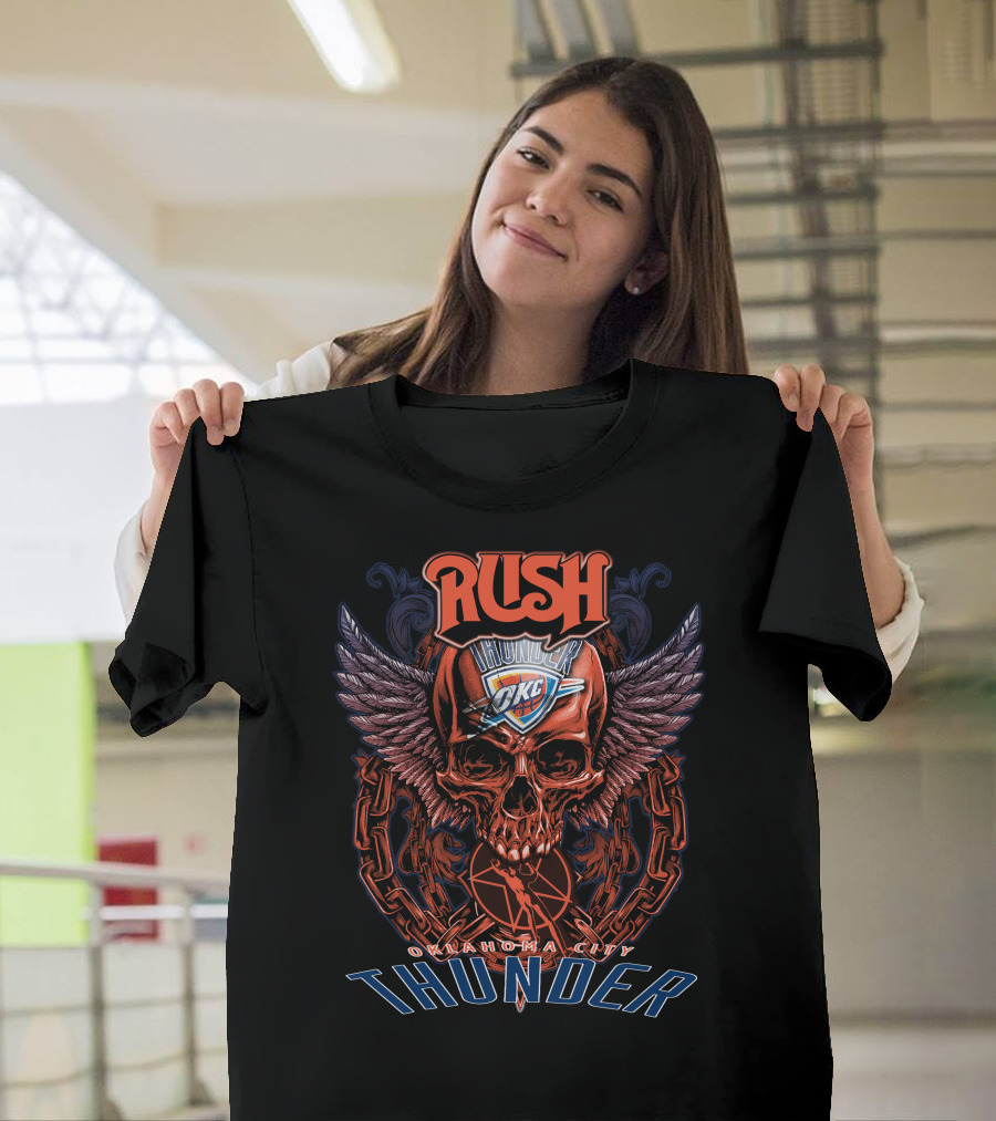 Rush Oklahoma City Thunder OKC Basketball Skull Wings Chain T-Shirt