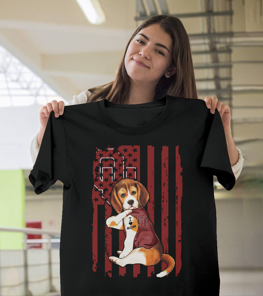 Beagle Puppy I Love Mom Oklahoma Sooners OU Red Stripes Stars T-Shirt