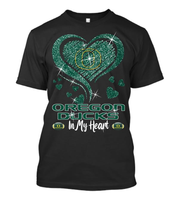 Oregon Ducks In My Heart Sparkling Green Hearts And Footballs T-Shirt