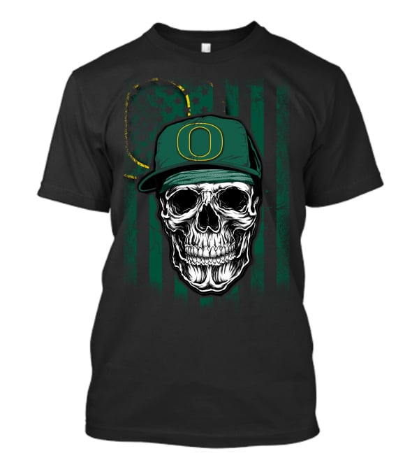 Skull With Oregon Ducks Cap On Green T-Shirt