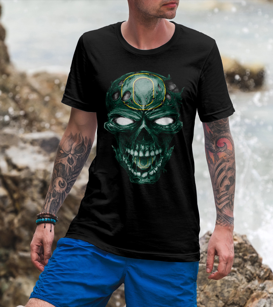 Skull Oregon Ducks Green Zombie Head With Neon O T-Shirt