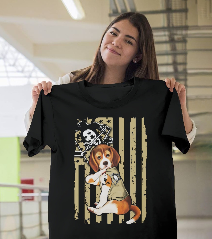 Beagle I Love Mom Pittsburgh Penguins American Flag T-Shirt