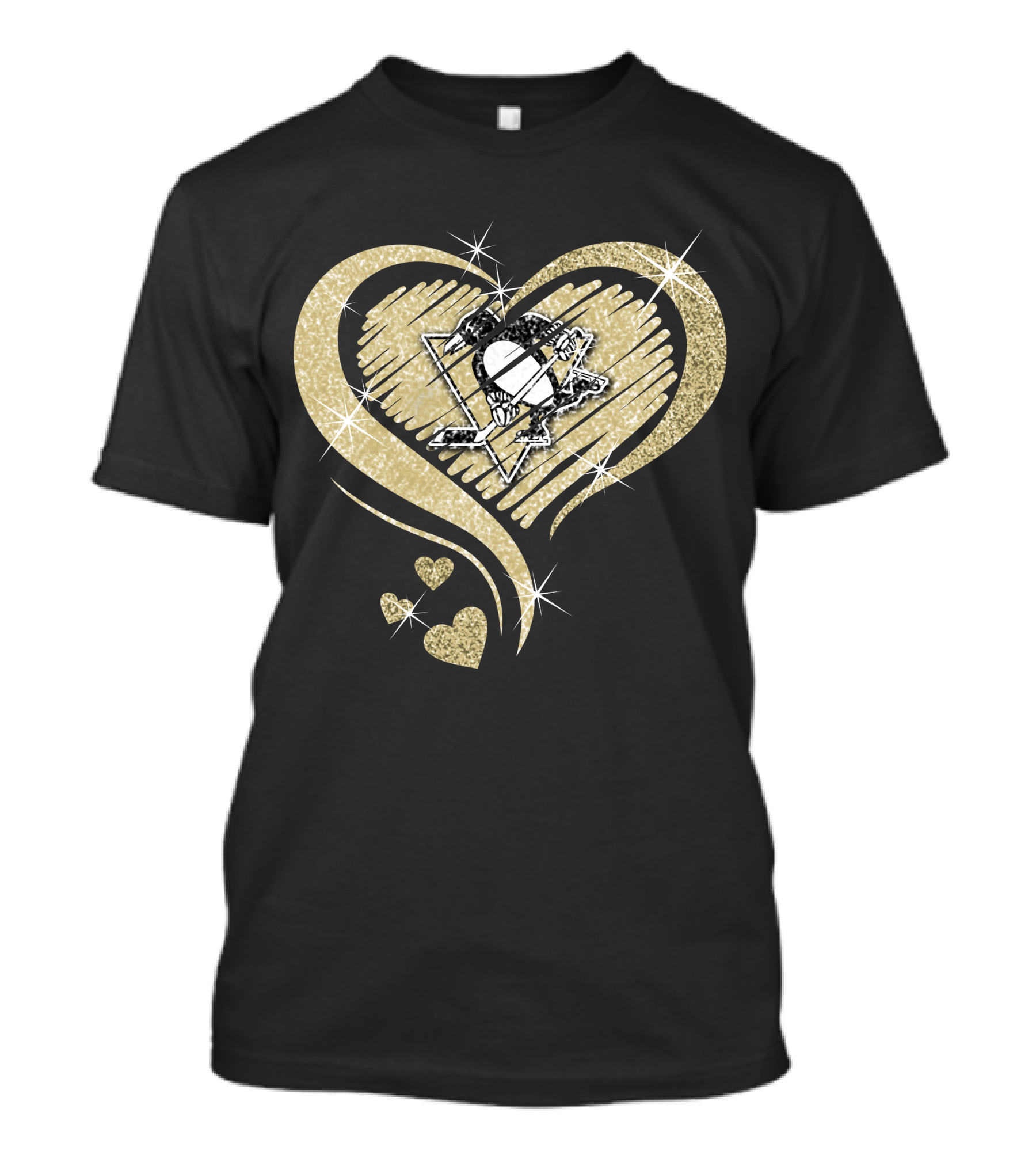 Heart Diamond Pittsburgh Penguins Logo Gold Sparkle T-Shirt