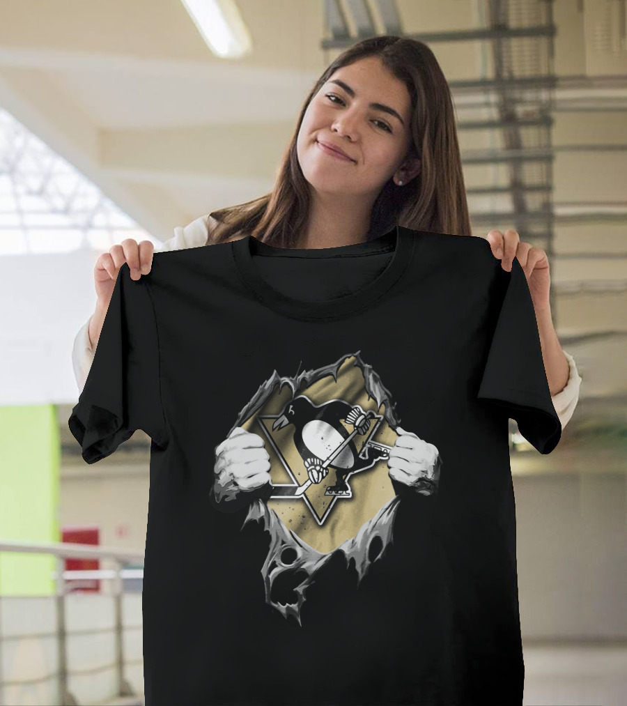 Pittsburgh Penguins Torn Hockey Logo With Ripped Hands T-Shirt