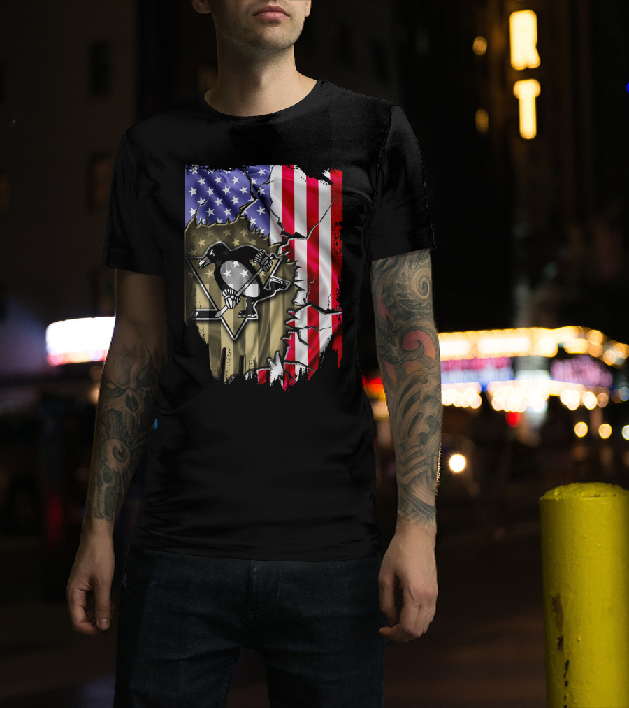 Pittsburgh Penguins American Flag Ripped Background T-Shirt