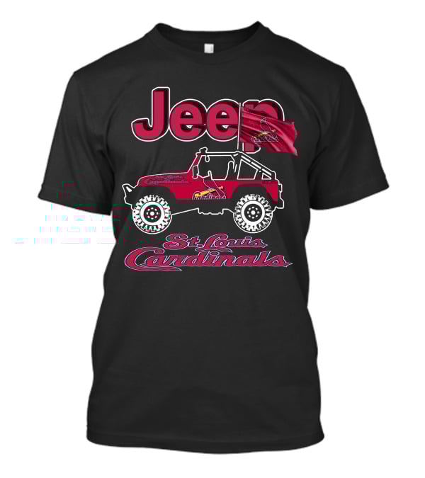Jeep St. Louis Cardinals Logo With Red Off-Road Vehicle And Flag T-Shirt