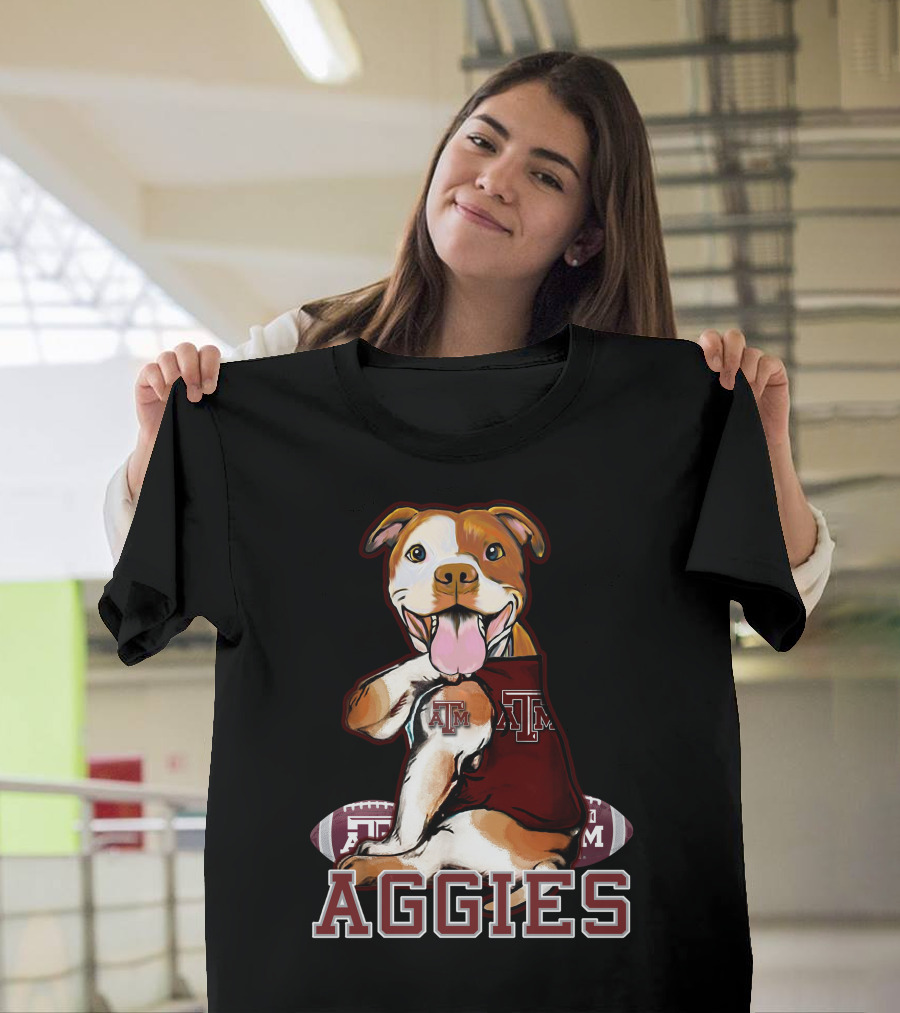 Pitbull Wearing Texas A&M Aggies Logo With Football T-Shirt