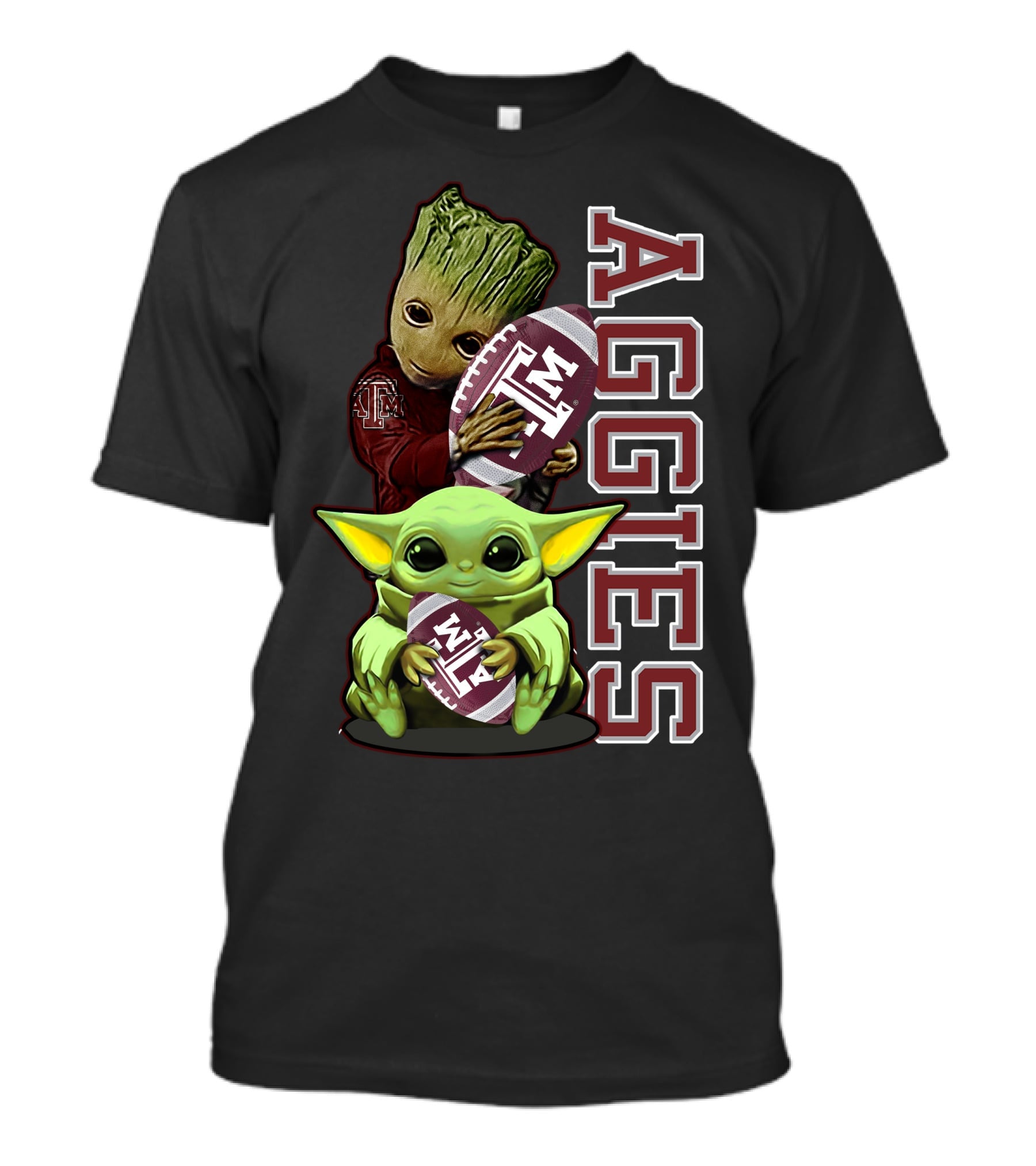 Grzd Texas A&M Aggies Groot And Baby Yoda Holding Football T-Shirt