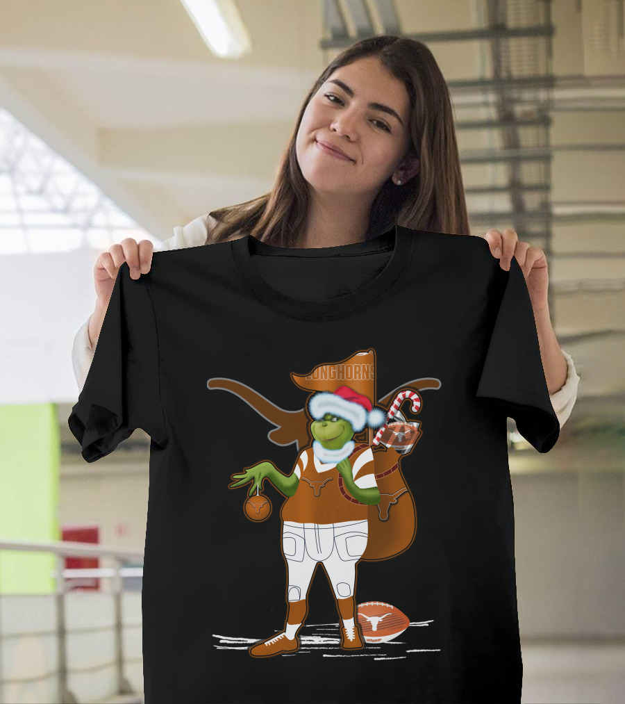 Grinchxmas Longhorns Santa Hat Football Candy Cane T-Shirt