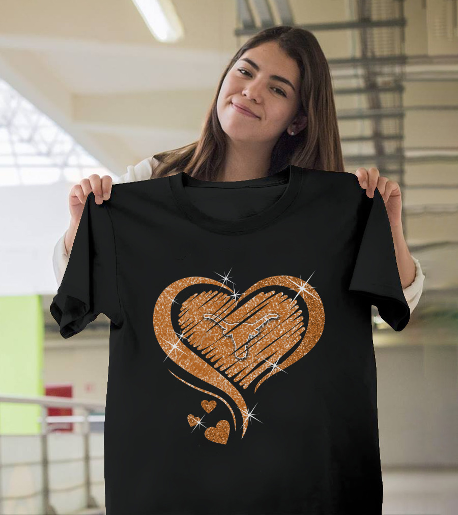 Heart Glittered Texas Longhorns Diamond Shape T-Shirt