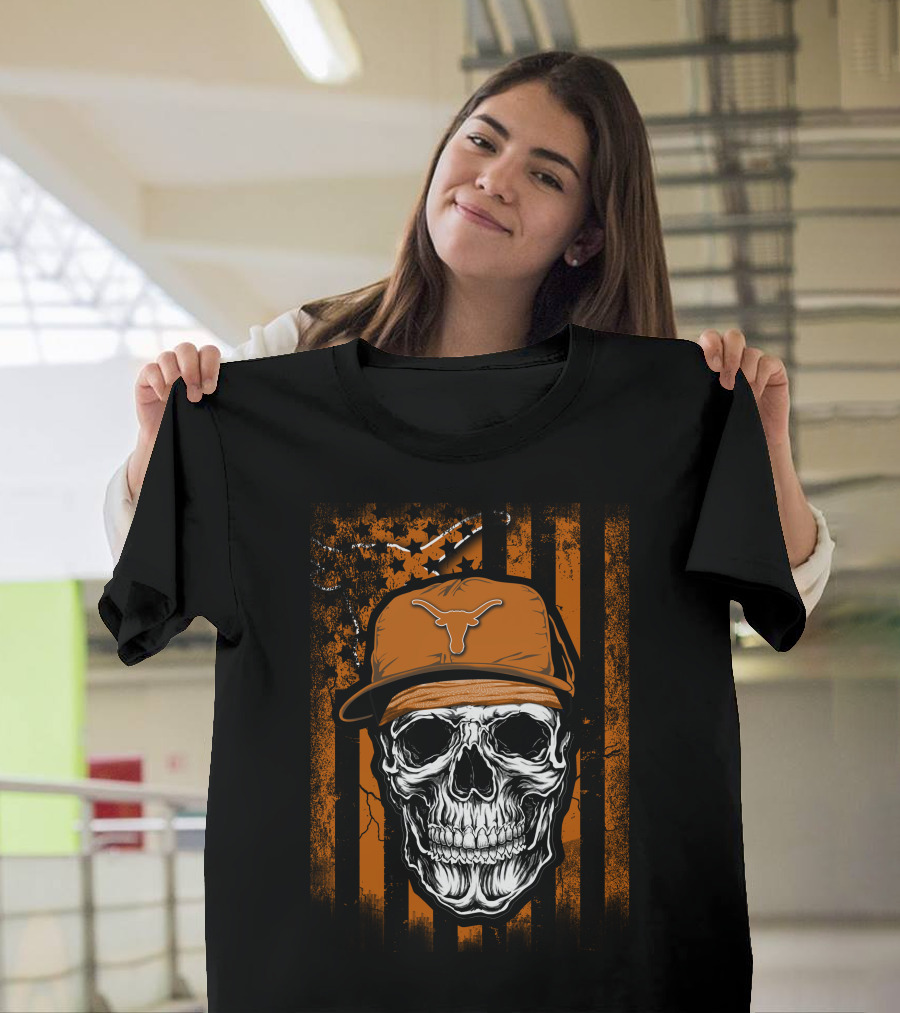 Skull Texas Longhorns Orange Hat Grunge Flag T-Shirt