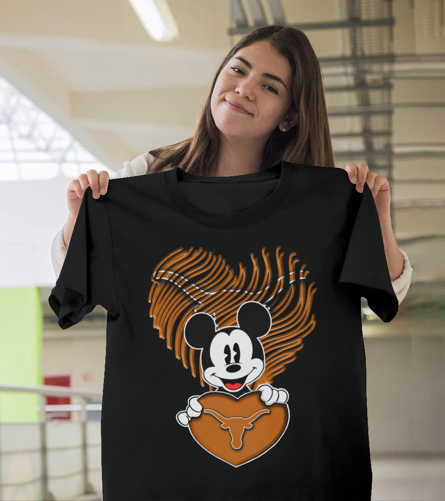Mick Mouse And Texas Longhorns Heart T-Shirt