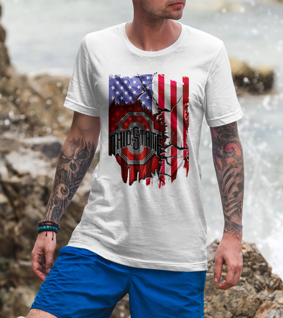 Ohio State Buckeyes Logo With Torn American Flag Background T-Shirt