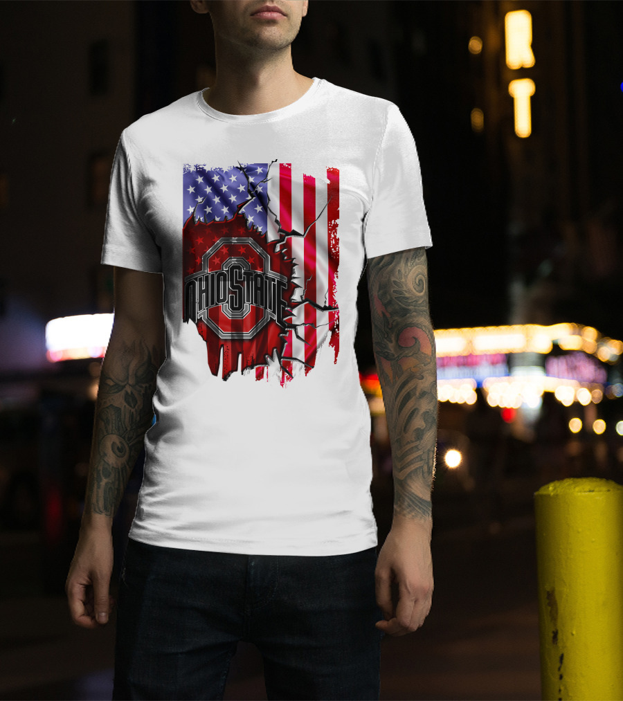 Ohio State Buckeyes Logo With Torn American Flag Background T-Shirt