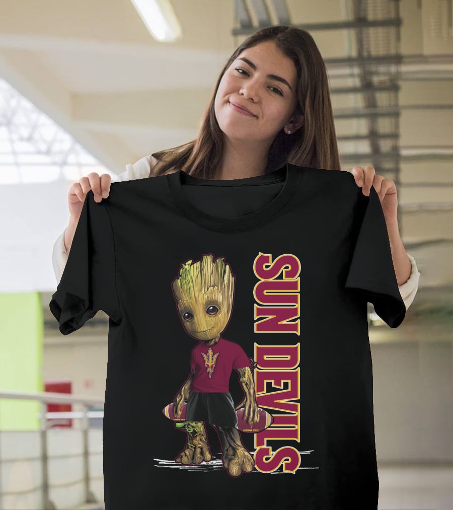 Groot Sun Devils Football Character In Maroon And Gold Team T-Shirt