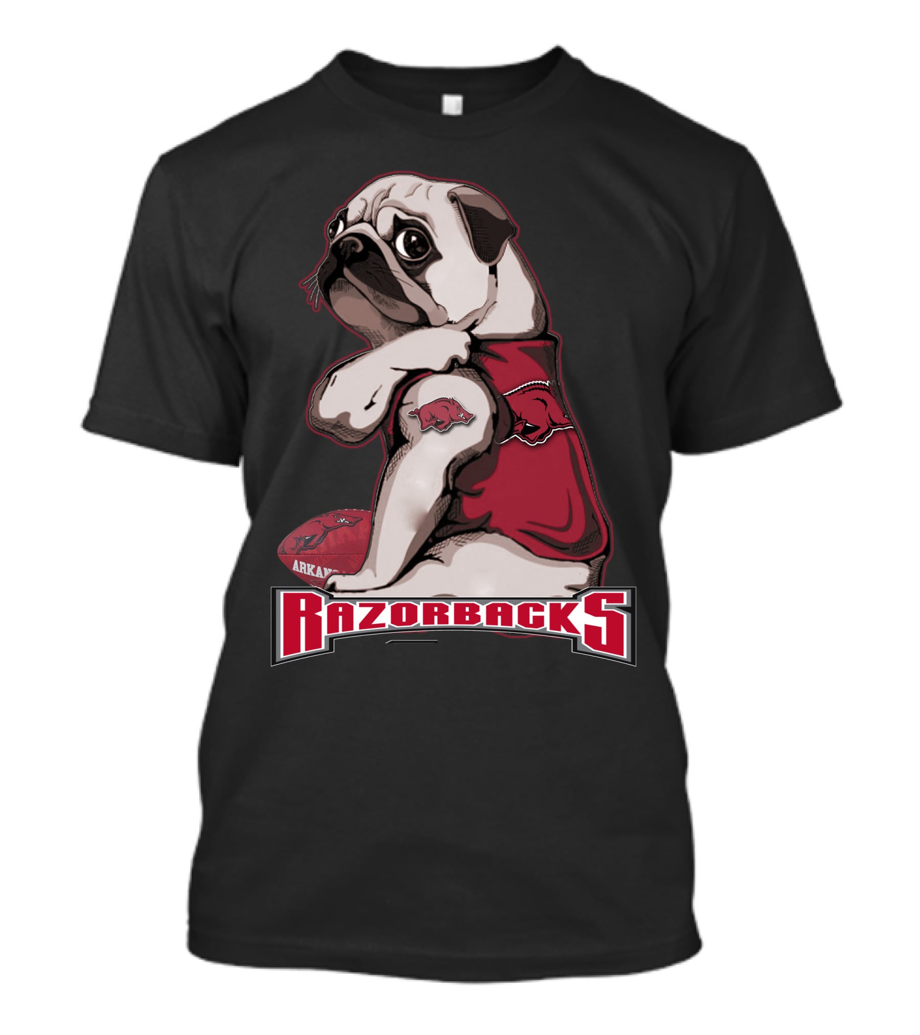 Pug Wearing Arkansas Razorbacks Football Gear T-Shirt