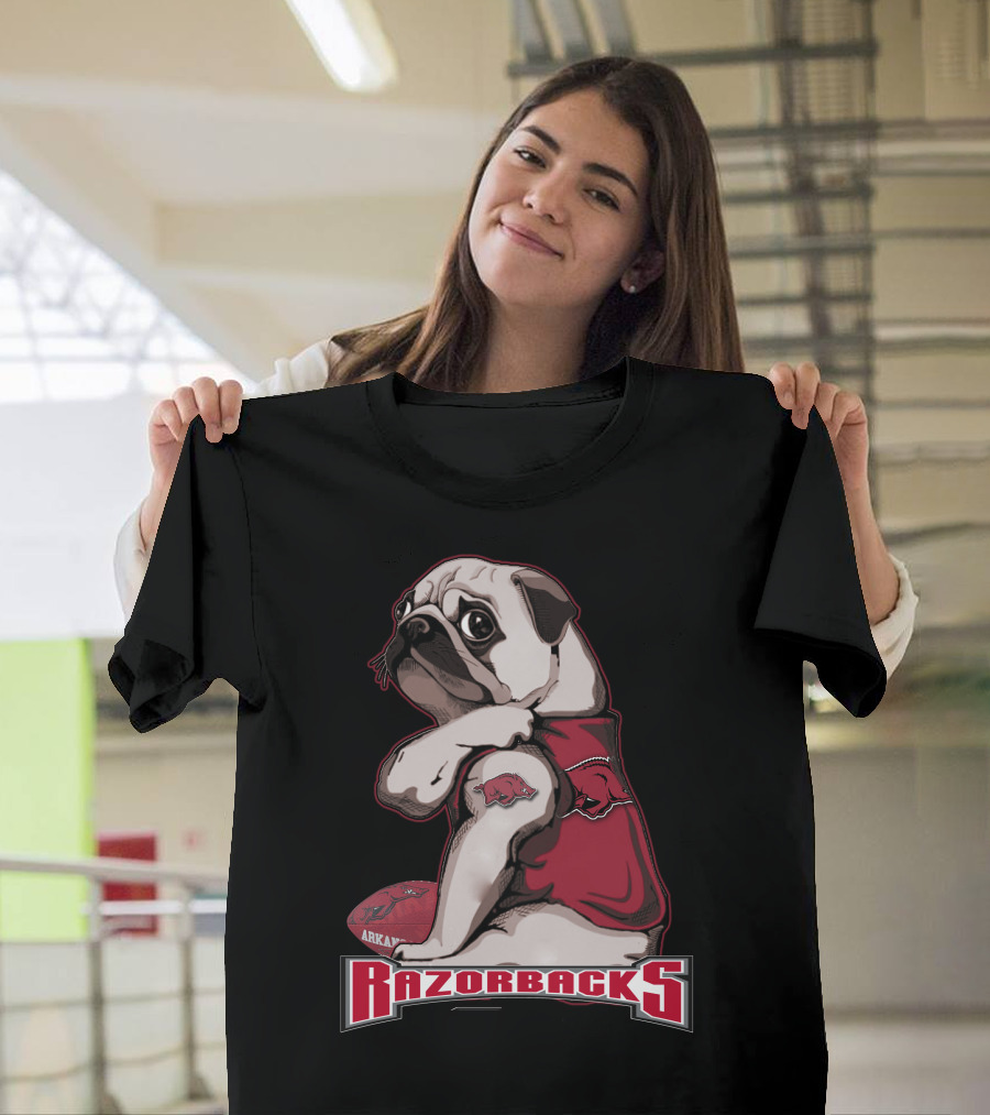 Pug Wearing Arkansas Razorbacks Football Gear T-Shirt