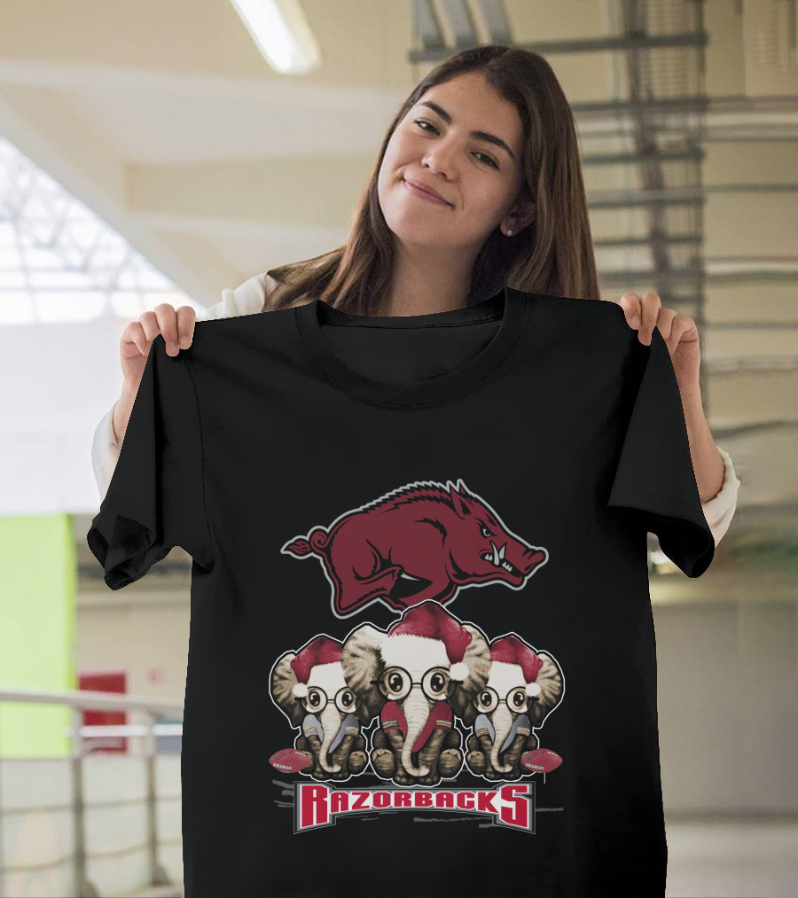 Razorbacks Elephan Xmas with Santa Hat Elephants and Arkansas T-Shirt
