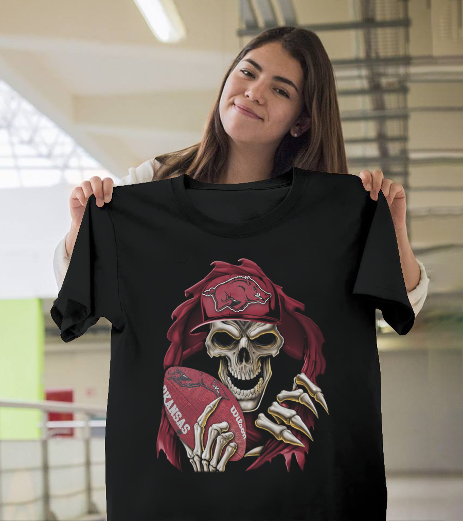Skullbong Arkansas Razorbacks Skeleton Holding Football with Razorback Cap T-Shirt