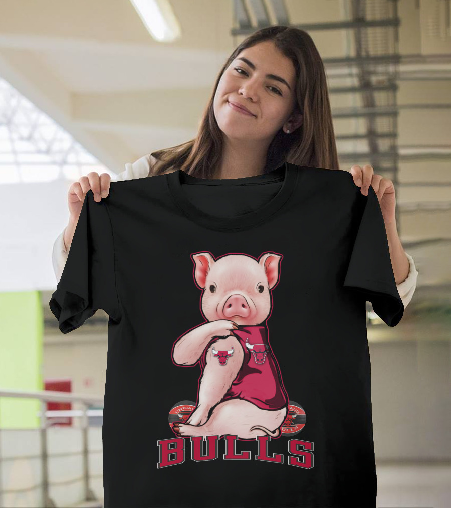 Pig with Chicago Bulls Logo on Jersey and Bulls Emblem T-Shirt