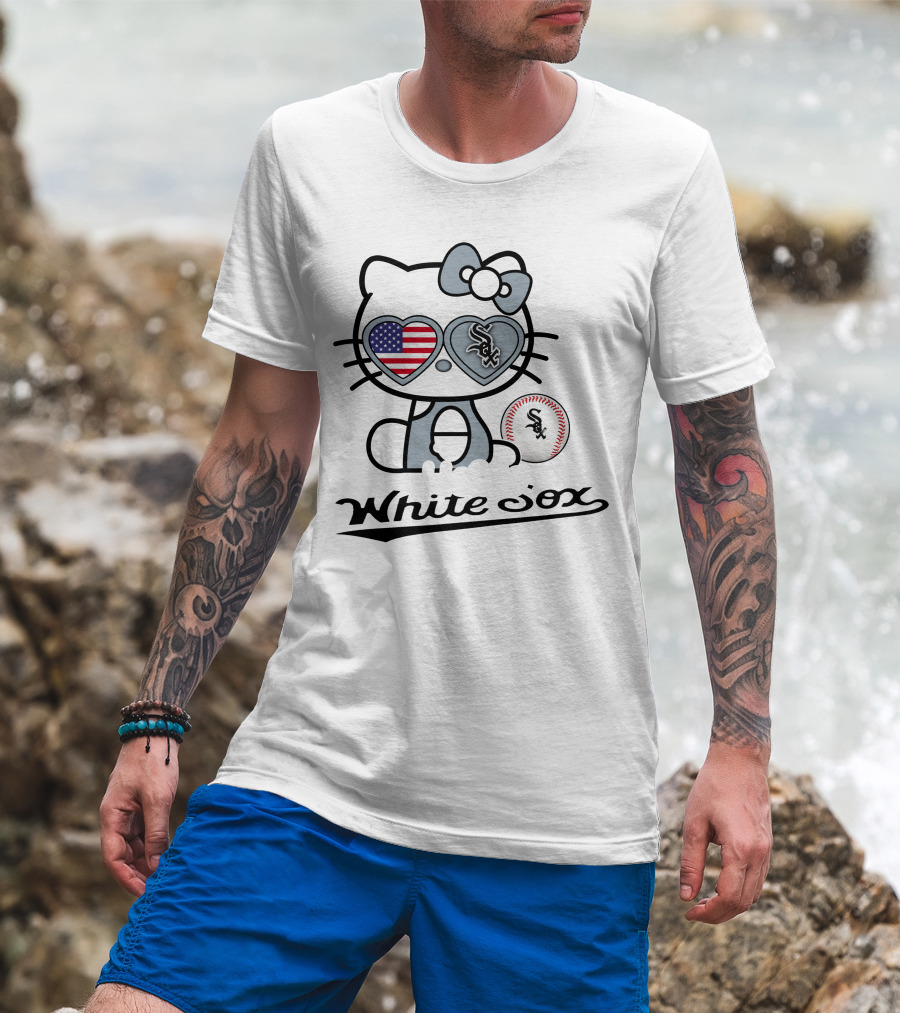 Hello Kitty Chicago White Sox Baseball USA Flag T-Shirt