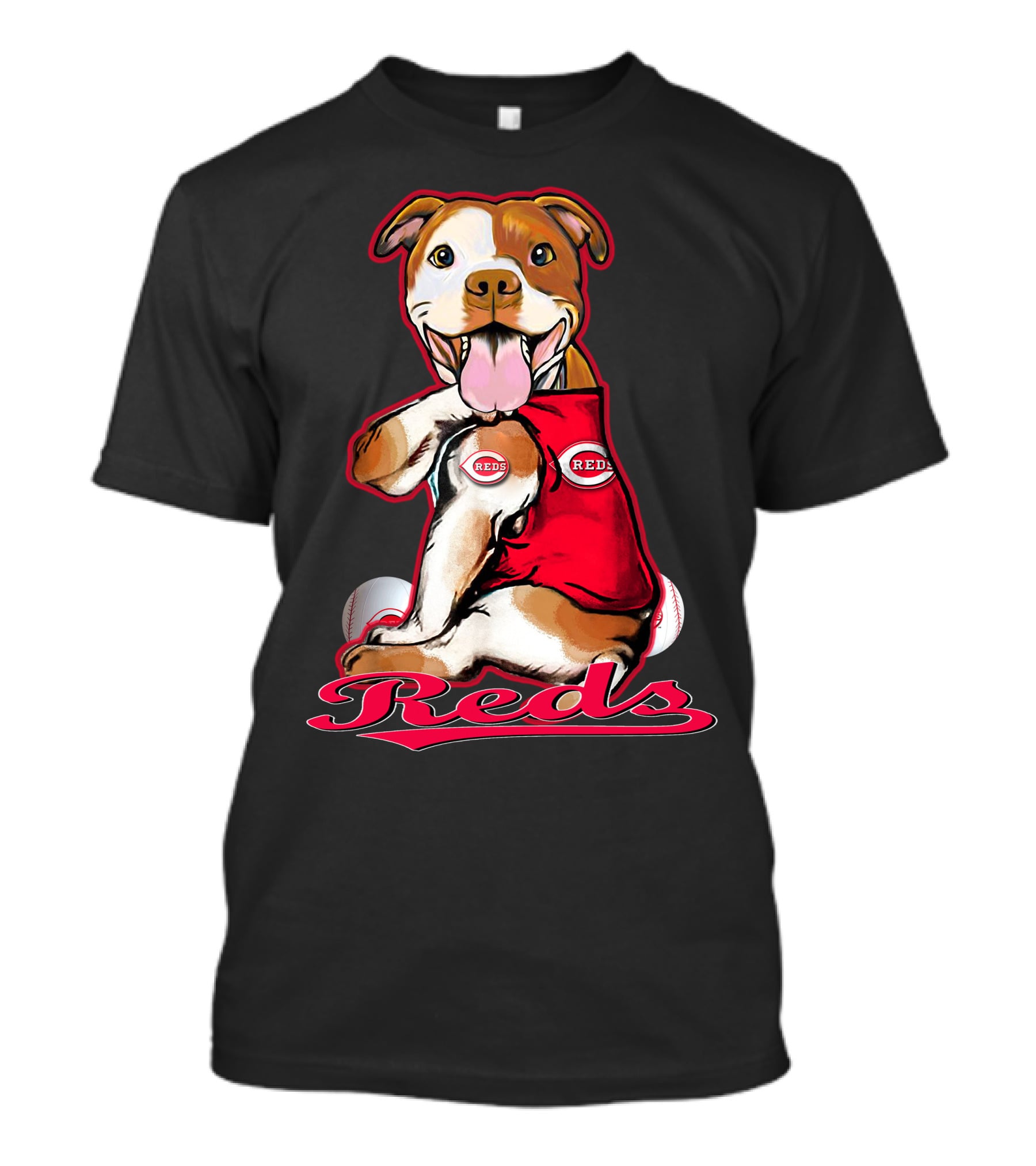 Pittbull Wearing Cincinnati Reds Jersey With Baseballs T-Shirt