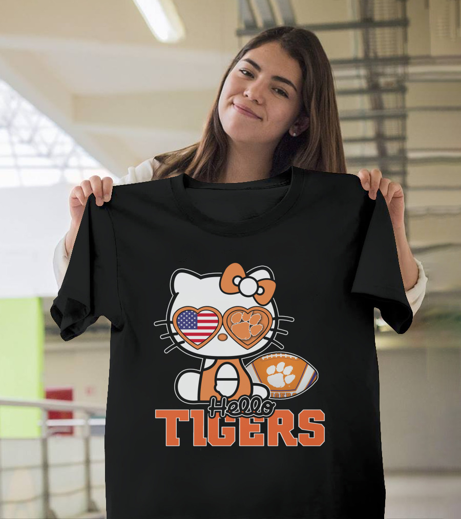 Hello Kitty Clemson Tigers Football USA Bow Paw Prints T-Shirt