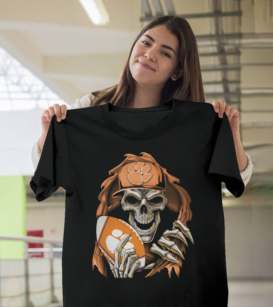 Skullbong Clemson Tigers Skeleton in Hat Holding Football T-Shirt