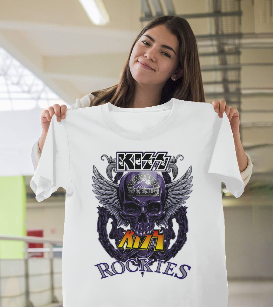 Kiss Colorado Rockies Skull Wings Logo Fusion T-Shirt