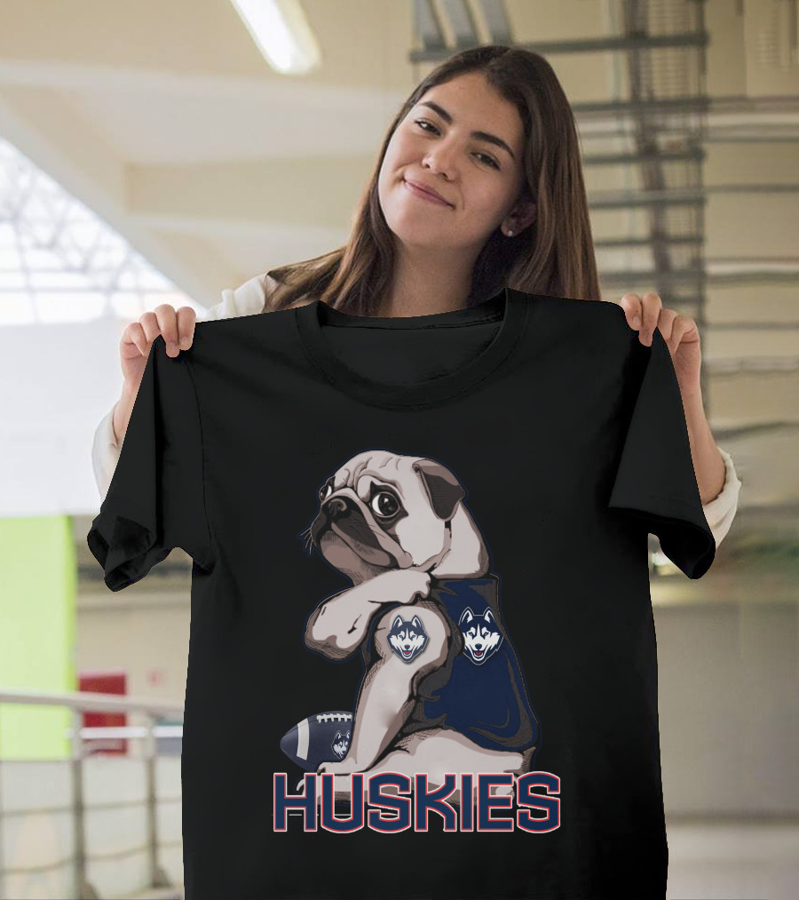 Pug With Connecticut Huskies Logo And Football T-Shirt