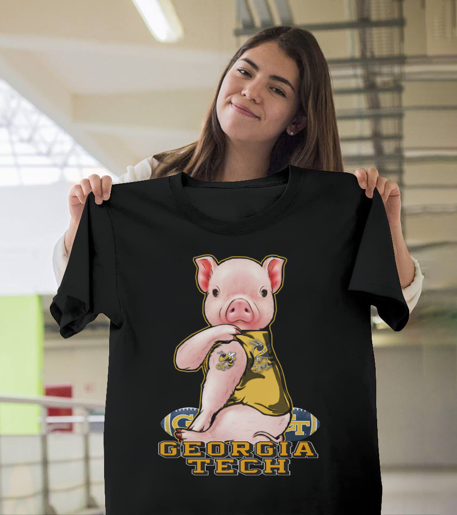 Pig Wearing Georgia Tech Yellow Jackets Mascot Jersey T-Shirt