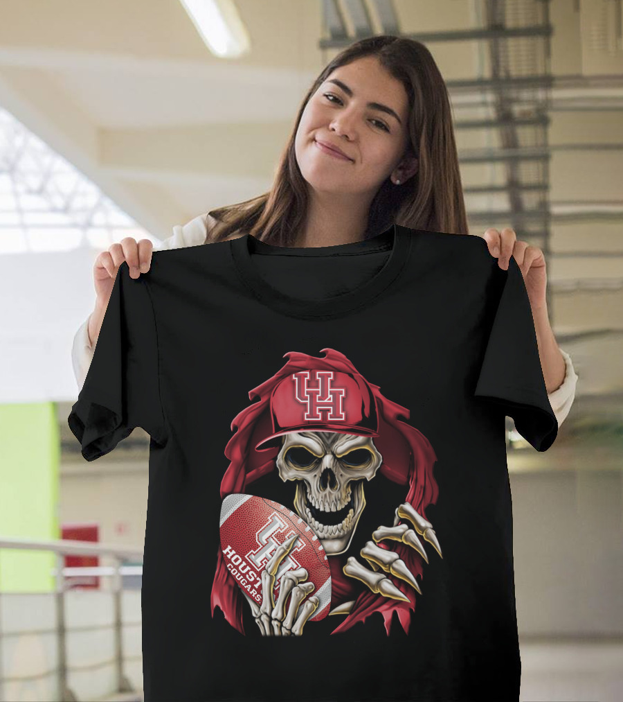 Skullbong Houston Cougars Skeleton Holding Football with UH T-Shirt
