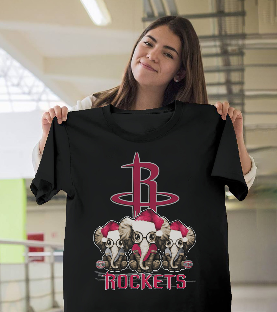 Houston Rockets Xmas Elephants With Santa Hats T-Shirt