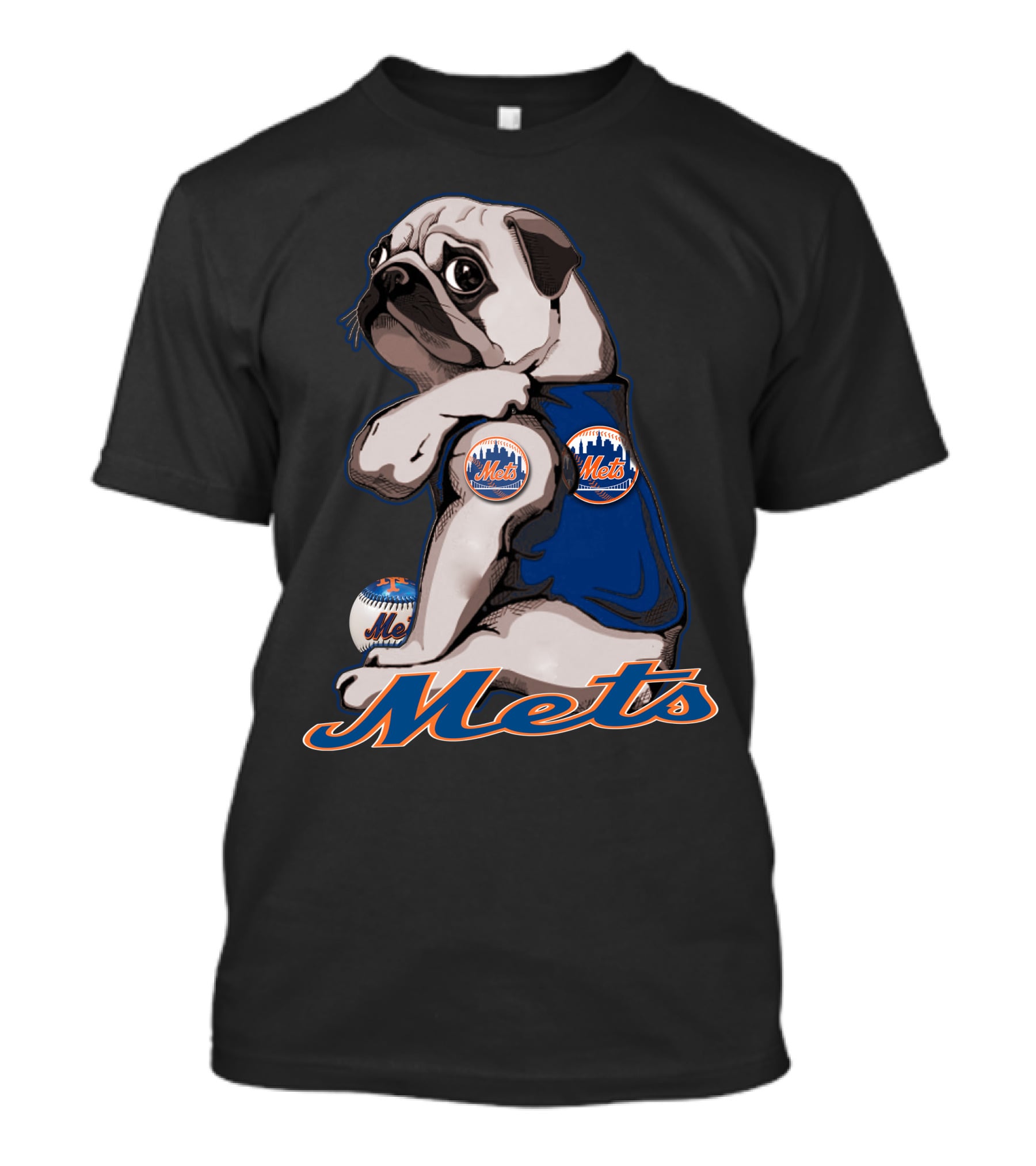Pug Mets Baseball Team Mascot T-Shirt