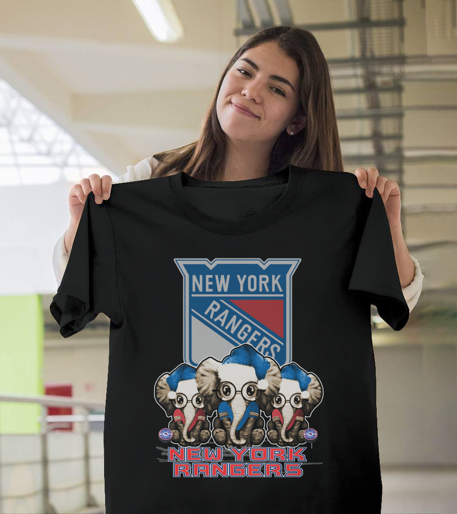 New York Rangers Christmas Elephants in Santa Hats T-Shirt