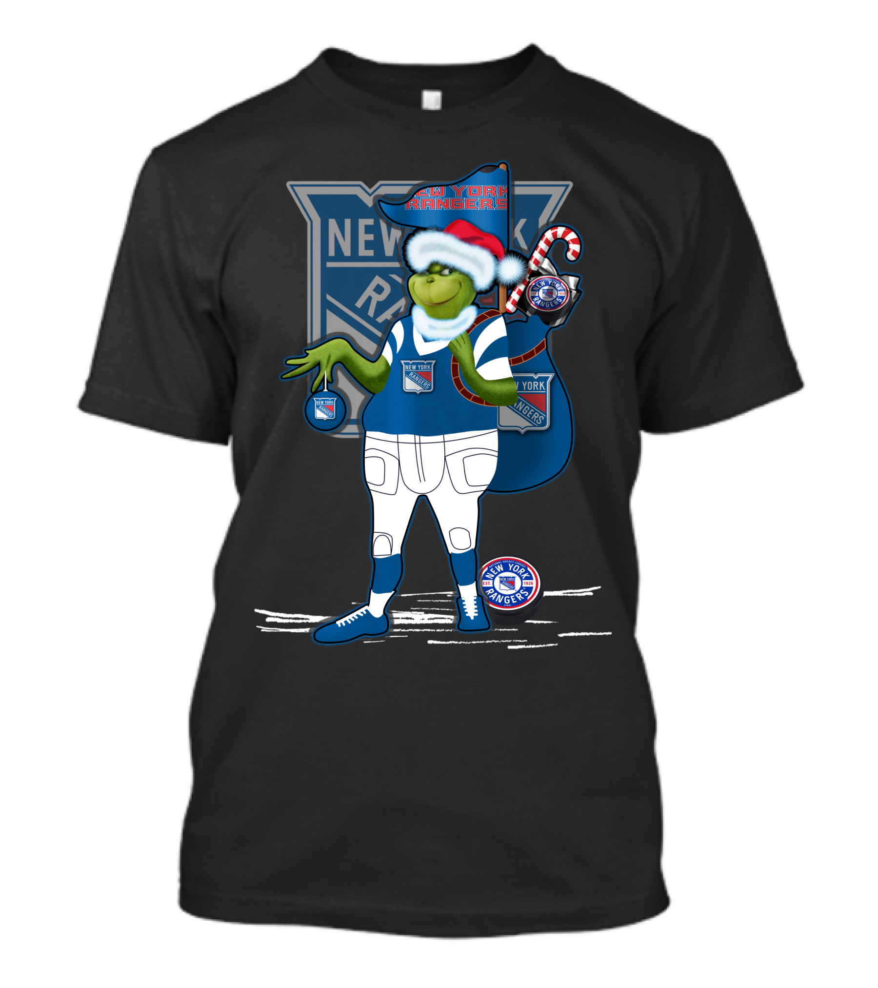 Grinch New York Rangers Christmas Santa Hat Candy Cane T-Shirt