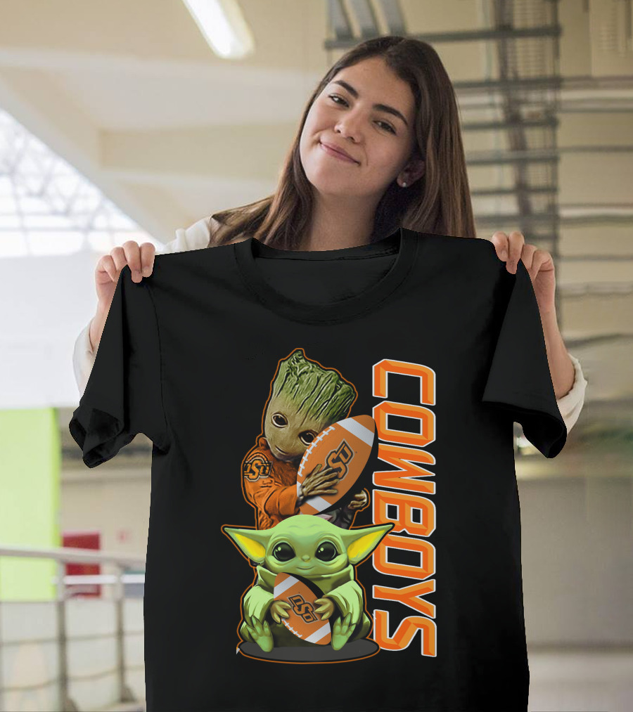 Grzd Oklahoma State Cowboys Groot Baby Yoda Football T-Shirt