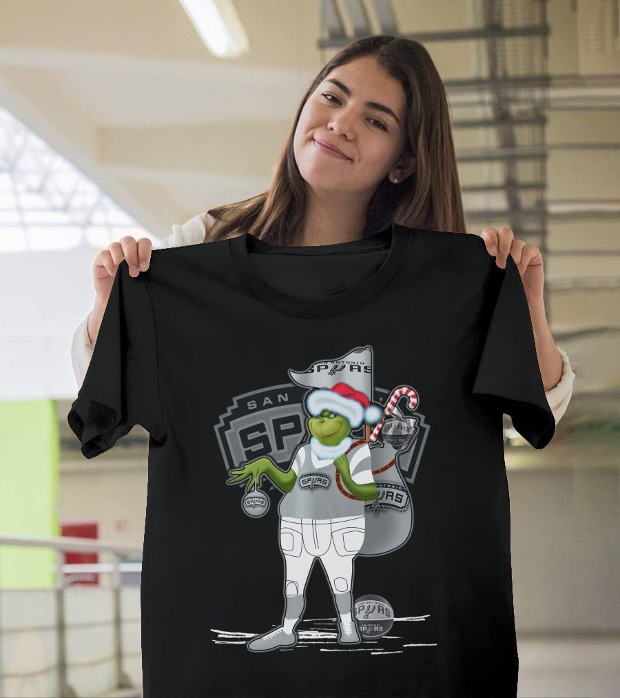 Grinch Santa Hat Holding Ornament San Antonio Spurs Christmas Sack T-Shirt