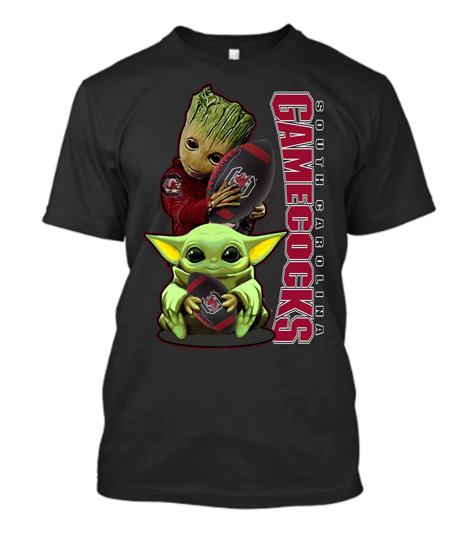 Groot And Baby Yoda Holding South Carolina Gamecocks Football T-Shirt