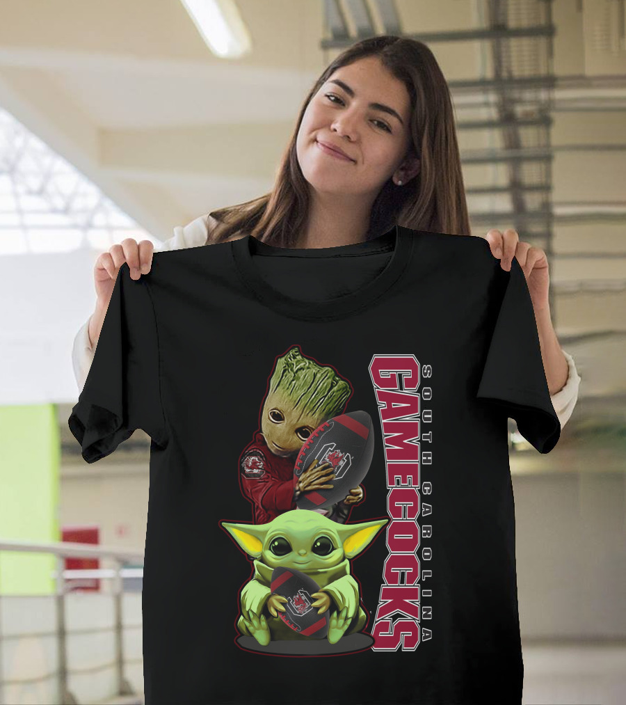 Groot and Baby Yoda Holding South Carolina Gamecocks Football T-Shirt