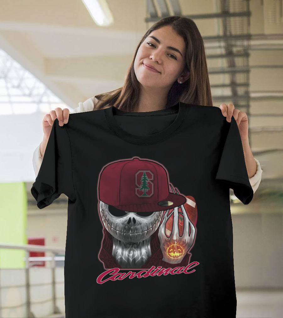 Jackskull Holding Football with Stanford Cardinal Hat and Glowing Pumpkin T-Shirt
