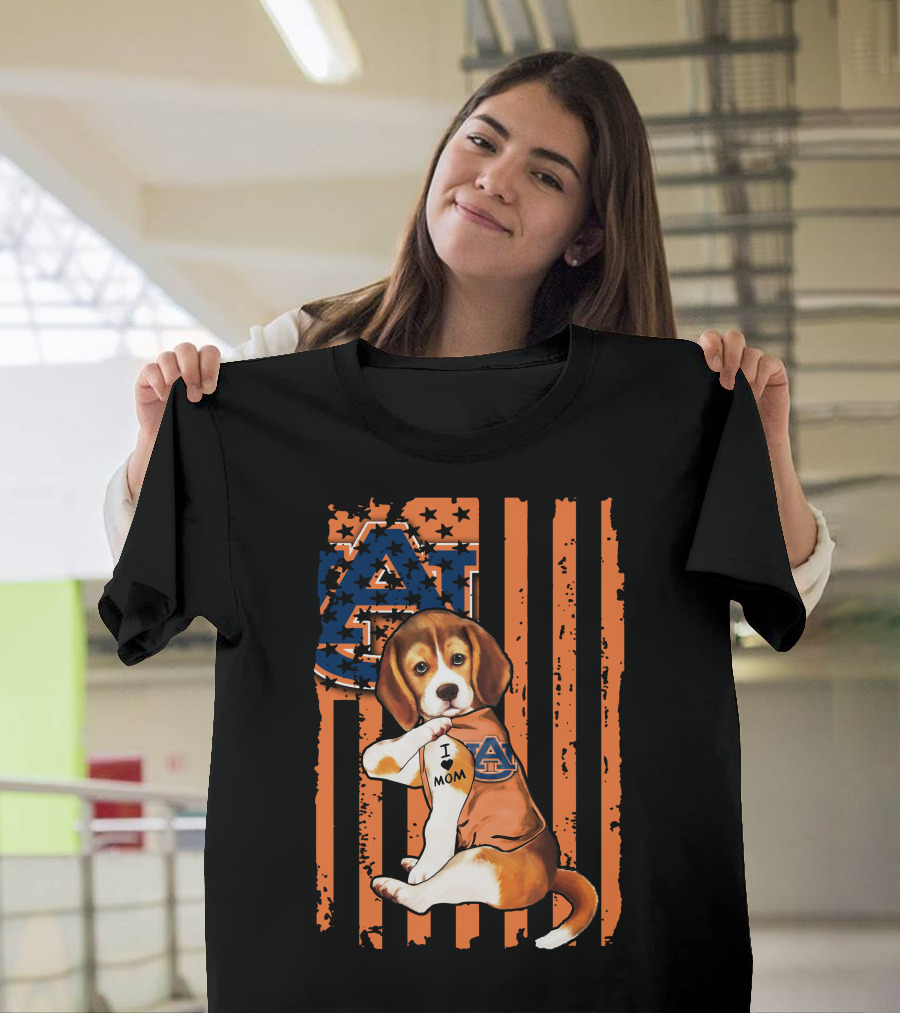Auburn Tigers Beagle with I Love Mom Tattoo on Auburn T-Shirt
