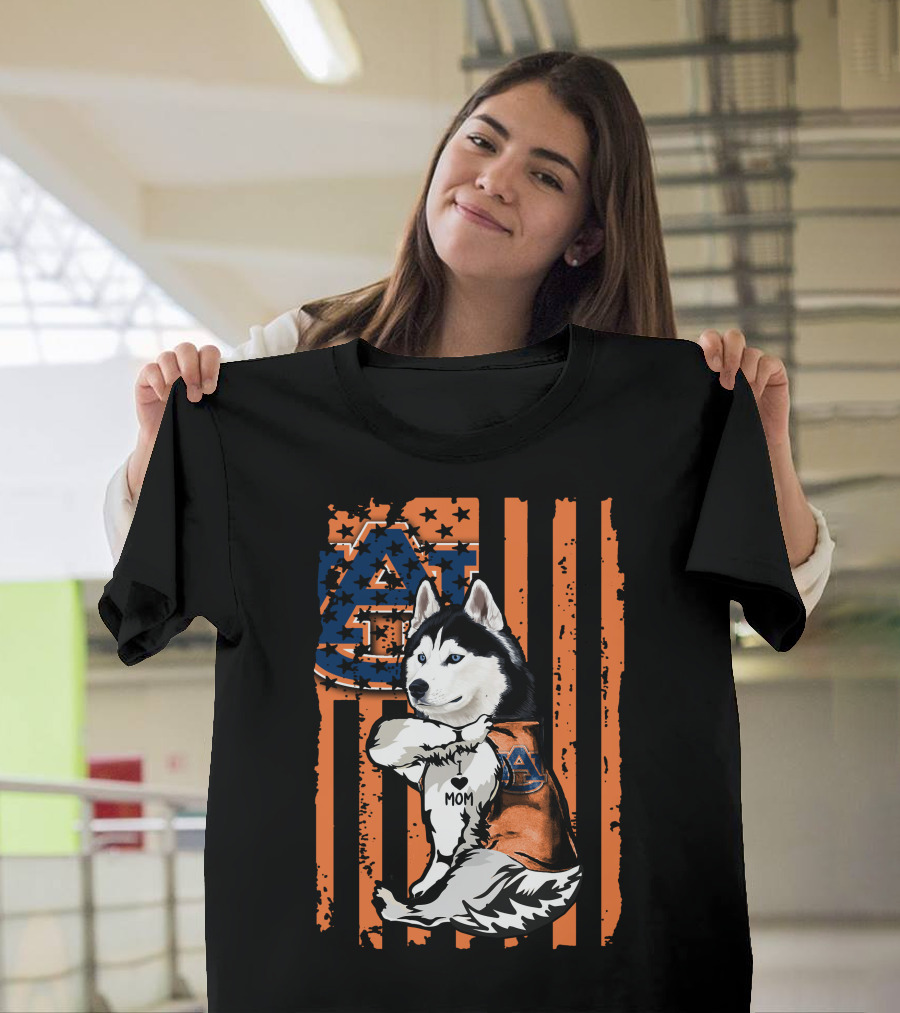 Auburn Tigers Siberian Husky Mom American Flag T-Shirt