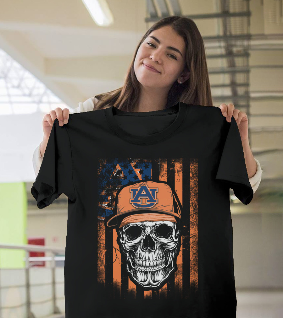 Auburn Tigers Skull With Cap On Orange T-Shirt