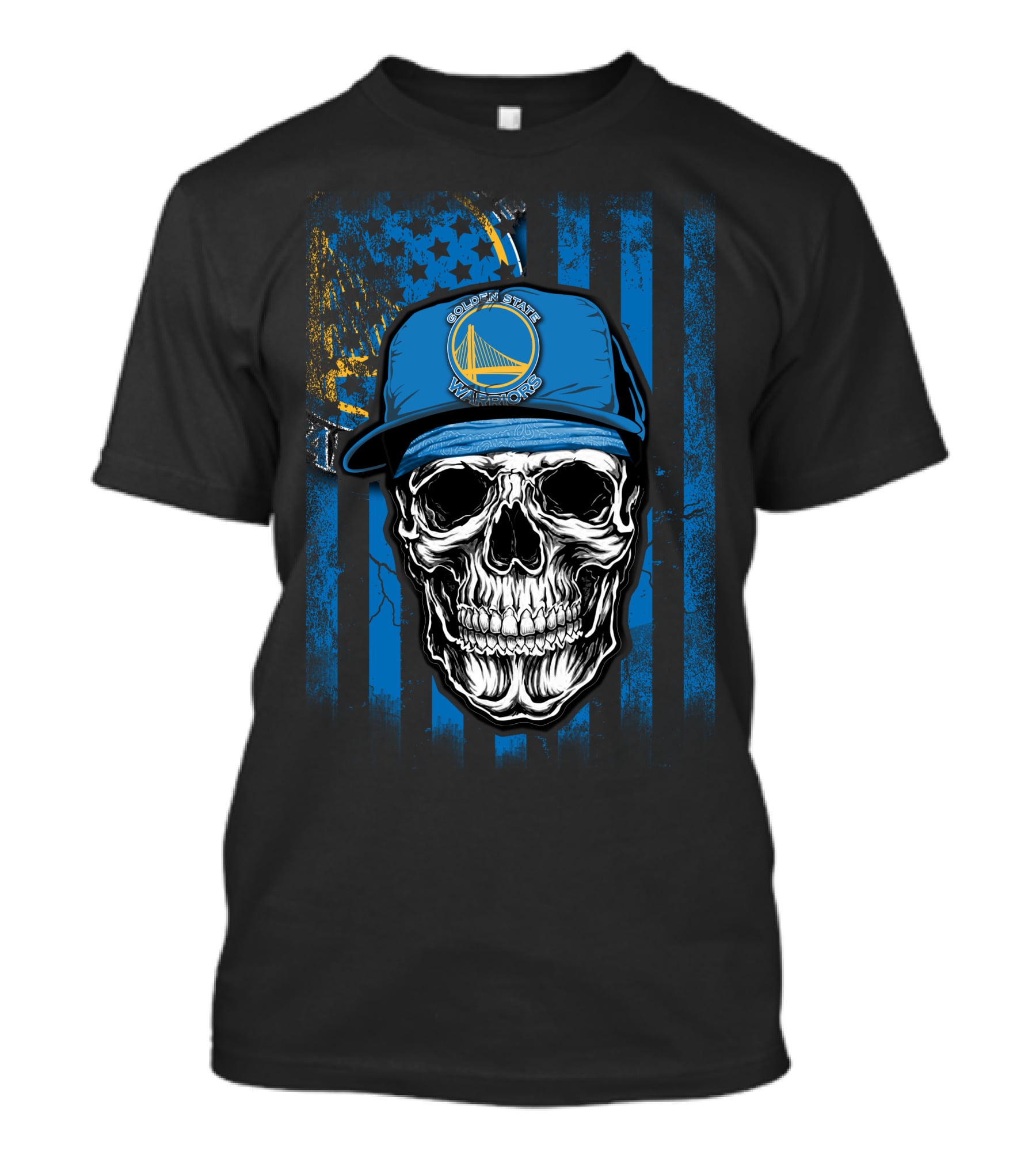 Golden State Warriors Skull With Hat On Striped Blue Background T-Shirt