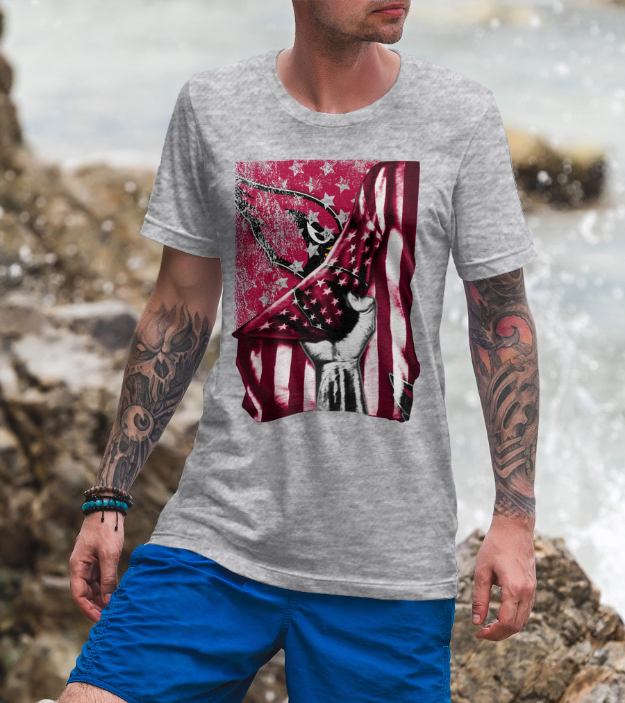 Arizona Cardinals Hand Holding American Flag With Cardinal Logo Stars T-Shirt